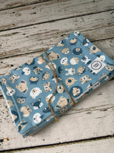 Load image into Gallery viewer, Set of 2 burp cloths.  One tan and white stripes, the other blue and tab animals
