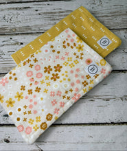 Load image into Gallery viewer, two burp cloths for baby girl with boho pink and gold flowers. and triangles

