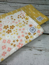 Load image into Gallery viewer, two burp cloths for baby girl with boho pink and gold flowers. and triangles
