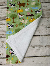 Load image into Gallery viewer, Farm animal burp cloth showing back side of terrycloth
