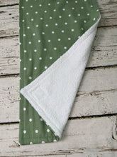 Load image into Gallery viewer, Burp cloth sage green polka dot showing back of white terrycloth
