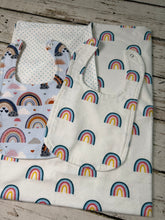 Load image into Gallery viewer, Baby blanket and bibs with rainbows

