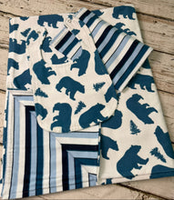 Load image into Gallery viewer, Baby gift set with a blanket, bib, and burp cloth.  Double sided flannel with bear and trees on front and stripes on back
