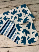 Load image into Gallery viewer, Baby gift set with a blanket, bib, and burp cloth.  Double sided flannel with bear and trees on front and stripes on back

