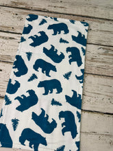Load image into Gallery viewer, burp cloth.  Double sided flannel with bear and trees on front and stripes on back
