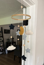 Load image into Gallery viewer, Crochet Baby Mobile / Blue Yellow Moon Clouds Stars / Nursery Decor
