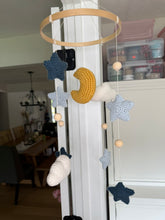 Load image into Gallery viewer, Crochet Baby Mobile / Blue Yellow Moon Clouds Stars / Nursery Decor

