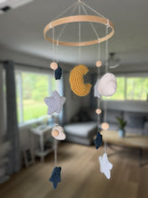 Load image into Gallery viewer, Crochet Baby Mobile / Blue Yellow Moon Clouds Stars / Nursery Decor
