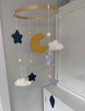 Load image into Gallery viewer, Crochet Baby Mobile / Blue Yellow Moon Clouds Stars / Nursery Decor
