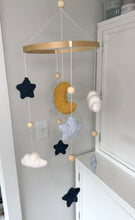 Load image into Gallery viewer, Crochet Baby Mobile / Blue Yellow Moon Clouds Stars / Nursery Decor
