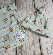 Load image into Gallery viewer, Baby Girl Swaddle Blanket Hat Set / Pale Green Pink Floral / Stretchy Knit / Baby Shower Gift / Newborn Photo Set
