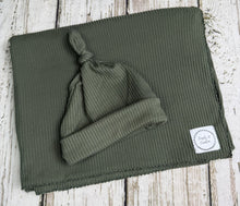 Load image into Gallery viewer, Baby Boy Swaddle Blanket Hat Set / Dark Green / Stretchy Knit / Baby Shower Gift / Newborn Photo Set
