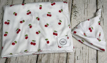 Load image into Gallery viewer, Baby Girl Swaddle Blanket Hat Set / Red Cherries/ Stretchy Knit / Baby Shower Gift / Newborn Photo Set
