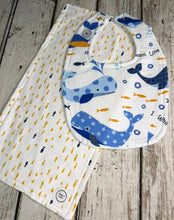 Load image into Gallery viewer, Baby Shower Gift Set / Burp Cloth Bib Set / Baby Boy Gift / Blue Yellow Fish Whales
