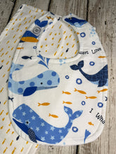 Load image into Gallery viewer, Baby Shower Gift Set / Burp Cloth Bib Set / Baby Boy Gift / Blue Yellow Fish Whales

