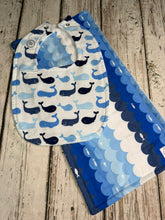 Load image into Gallery viewer, Baby Shower Gift Set / Burp Cloth Bib Set / Baby Boy Gift / Blue Whales
