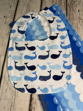 Load image into Gallery viewer, Baby Shower Gift Set / Burp Cloth Bib Set / Baby Boy Gift / Blue Whales
