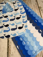 Load image into Gallery viewer, Baby Shower Gift Set / Burp Cloth Bib Set / Baby Boy Gift / Blue Whales
