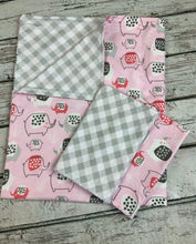 Load image into Gallery viewer, Baby Receiving blanket burp cloth set / pink and gray elephants / baby gift set / baby girl
