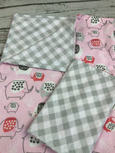 Load image into Gallery viewer, Baby Receiving blanket burp cloth set / pink and gray elephants / baby gift set / baby girl
