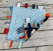 Load image into Gallery viewer, Baby Boy Minky Tag Blanket Woodland Animals  / Lovey / Baby Shower Gift
