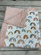Load image into Gallery viewer, Baby Girl Boho Rainbow Minky Blanket / modern baby nursery / pink and blue / baby shower gift
