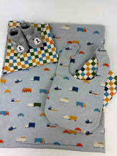 Load image into Gallery viewer, Baby Boy Blanket Bib Burp Cloth Set Trucks / multi color checkered / Baby Boy Shower Gift

