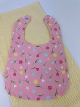 Load image into Gallery viewer, Baby Girl Blanket Burp Cloth Bib Pink Tulips Flowers Yellow Stripe Flannel / floral blanket / baby shower gift set / baby girl nursery

