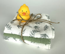 Load image into Gallery viewer, Luxurious Baby Washcloths Muslin Gauze Set of 3 Sage Green Leaf / Neutral Baby Gift
