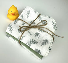 Load image into Gallery viewer, Luxurious Baby Washcloths Muslin Gauze Set of 3 Sage Green Leaf / Neutral Baby Gift
