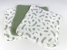 Load image into Gallery viewer, Luxurious Baby Washcloths Muslin Gauze Set of 3 Sage Green Leaf / Neutral Baby Gift
