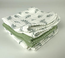 Load image into Gallery viewer, Luxurious Baby Washcloths Muslin Gauze Set of 3 Sage Green Leaf / Neutral Baby Gift
