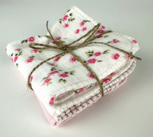 Load image into Gallery viewer, Luxurious Baby Washcloths Muslin Gauze Set of 3 Pink White Floral / Baby Girl Gift
