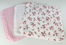 Load image into Gallery viewer, Luxurious Baby Washcloths Muslin Gauze Set of 3 Pink White Floral / Baby Girl Gift
