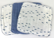 Load image into Gallery viewer, Luxurious Baby Washcloths Muslin Gauze Set of 3 Blue Fish / Neutral Baby Gift
