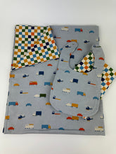 Load image into Gallery viewer, Baby Boy Blanket Bib Burp Cloth Set Trucks / multi color checkered / Baby Boy Shower Gift
