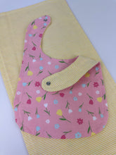Load image into Gallery viewer, Baby Girl Blanket Burp Cloth Bib Pink Tulips Flowers Yellow Stripe Flannel / floral blanket / baby shower gift set / baby girl nursery
