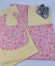 Load image into Gallery viewer, Baby Girl Blanket Burp Cloth Bib Pink Tulips Flowers Yellow Stripe Flannel / floral blanket / baby shower gift set / baby girl nursery
