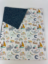 Load image into Gallery viewer, Baby Blanket Burp Cloth Bib Neutral New Baby flourish Animals / Blue White Dot / Baby Shower Gift / gender neutral
