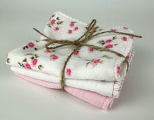 Load image into Gallery viewer, Luxurious Baby Washcloths Muslin Gauze Set of 3 Pink White Floral / Baby Girl Gift
