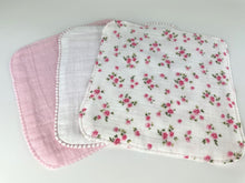 Load image into Gallery viewer, Luxurious Baby Washcloths Muslin Gauze Set of 3 Pink White Floral / Baby Girl Gift
