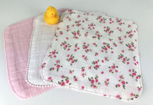 Load image into Gallery viewer, Luxurious Baby Washcloths Muslin Gauze Set of 3 Pink White Floral / Baby Girl Gift
