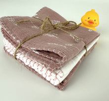 Load image into Gallery viewer, Luxurious Baby Washcloths Muslin Gauze Set of 3 Mauve Floral / Baby Girl Gift
