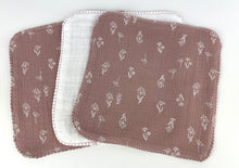 Load image into Gallery viewer, Luxurious Baby Washcloths Muslin Gauze Set of 3 Mauve Floral / Baby Girl Gift
