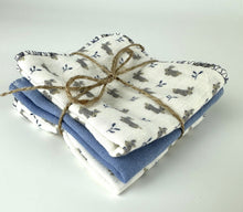 Load image into Gallery viewer, Luxurious Baby Washcloths Muslin Gauze Set of 3 Blue Bunnies / Baby Boy Gift
