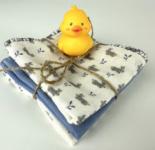 Load image into Gallery viewer, Luxurious Baby Washcloths Muslin Gauze Set of 3 Blue Bunnies / Baby Boy Gift
