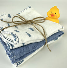 Load image into Gallery viewer, Luxurious Baby Washcloths Muslin Gauze Set of 3 Blue Fish / Neutral Baby Gift
