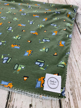 Load image into Gallery viewer, Baby Boy Swaddle Blanket / Green Trucks Swaddle Blanket / Newborn Photo Blanket / Stretchy Knit Baby Blanket / Baby Shower Gift
