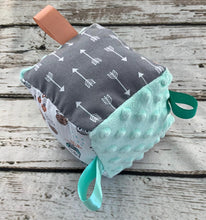 Load image into Gallery viewer, Baby Boy Fabric Sensory Baby Block Woodland Animal Foxes / Baby Boy Gift / Baby Toy / Rattle / Crinkle Toy
