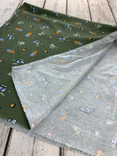 Load image into Gallery viewer, Baby Boy Swaddle Blanket / Green Trucks Swaddle Blanket / Newborn Photo Blanket / Stretchy Knit Baby Blanket / Baby Shower Gift
